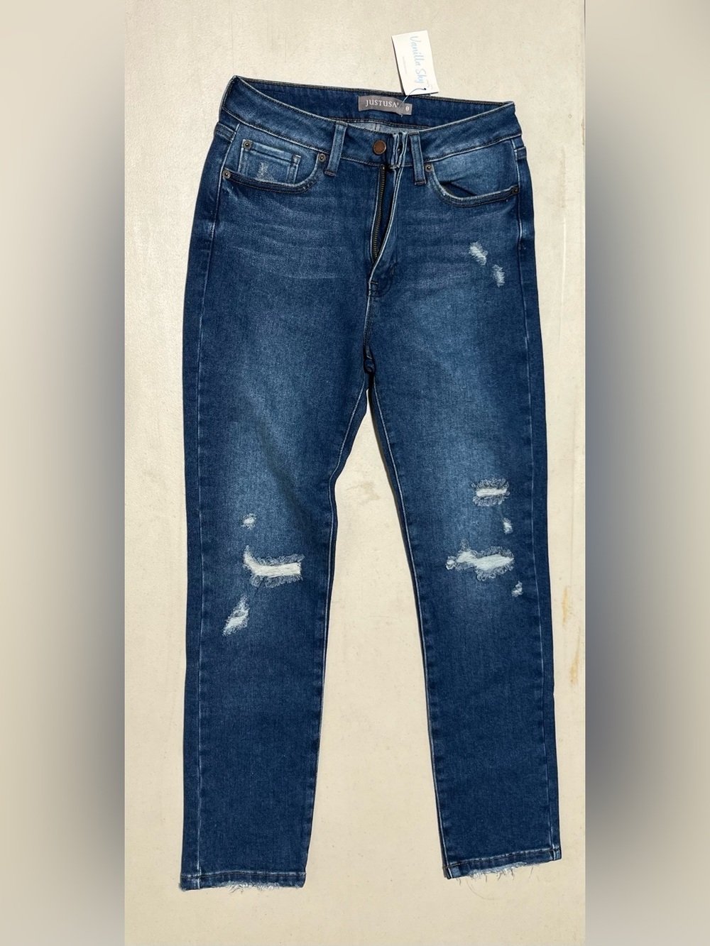 Just USA Dark Blue Distressed Straight Leg Jeans
